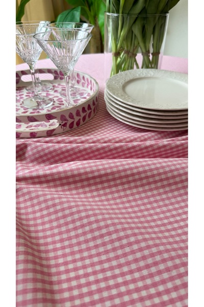 Decamor home Stain-Proof, Trouble-Free Pink Gingham Round Tablecloth