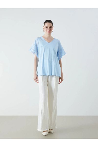 LC Waikiki Lcw Grace Blue V-Neck Openwork Blouse