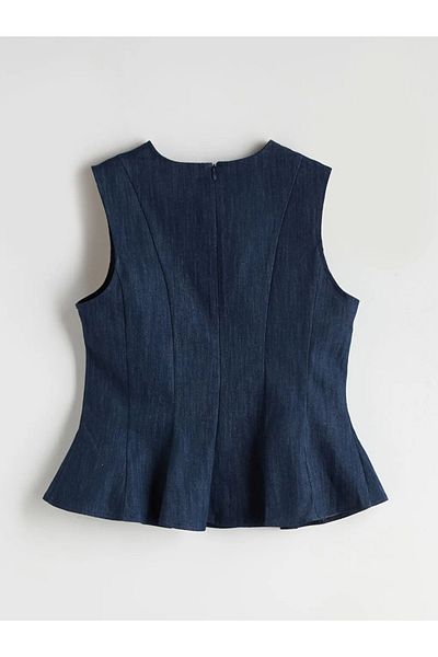 LC Waikiki Lcw Vision Indigo Crew Neck Peplum Jean Blouse