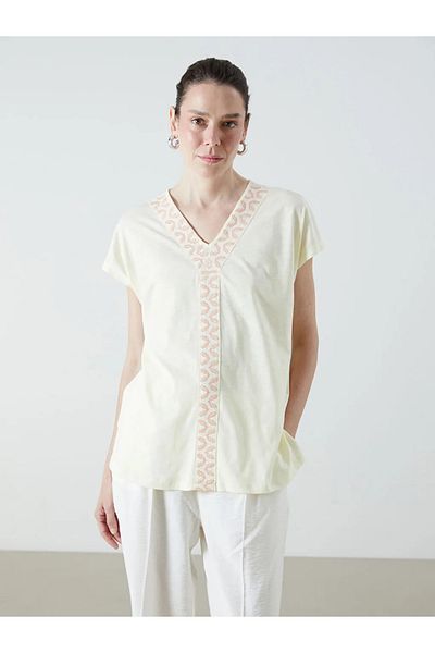 LC Waikiki Lcw grace sari v-neck embroidered linen look blouse