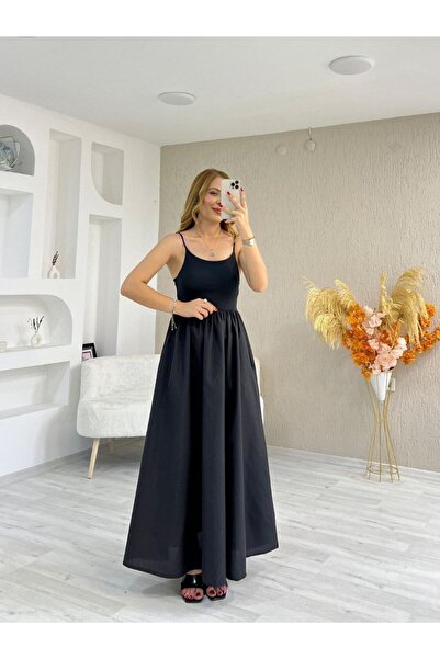 BUKETLİ Askılı Poplin Uzun Elbise