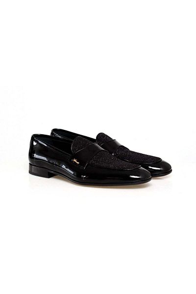 FRANCO CALVANI Black Color Laceless Genuine Leather Men's Patent Leather Shoes