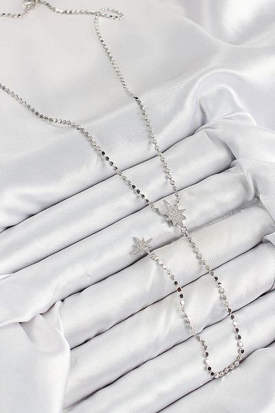 norsary Brass Zircon Stone Crushed Chain Pole Star Model Silver Color Y Necklace