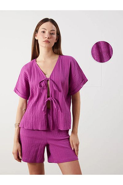 LC Waikiki Lcwaikiki Classic Fuchsia V Neck Textured Bow Front Muslin Blouse