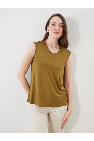 LC Waikiki Lcw Grace Khaki V-Neck Lace Detailed Blouse