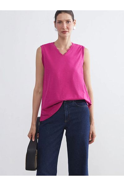 LC Waikiki Lcw Grace Fuchsia V-Neck Linen Look Blouse