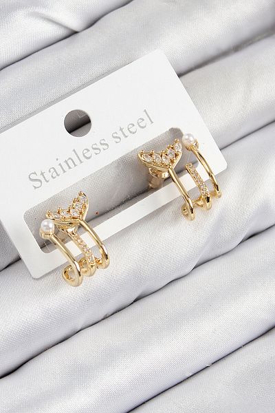 norsary Brass Zircon Stone Pearl Detailed Fish Tail Model Gold Color Women's Earrings