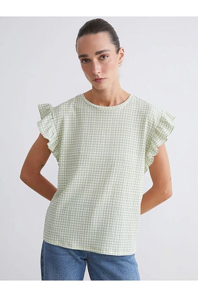 LC Waikiki Lcwaikiki Classic Green Crew Neck Plaid Ruffle Blouse