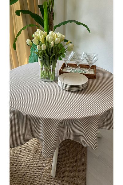 Decamor home Stain-Proof Worry-Free Beige Gingham Round Table Cloth