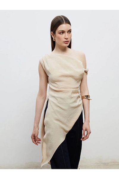 LC Waikiki Soulife beige boat neck shirred asymmetrical cut blouse