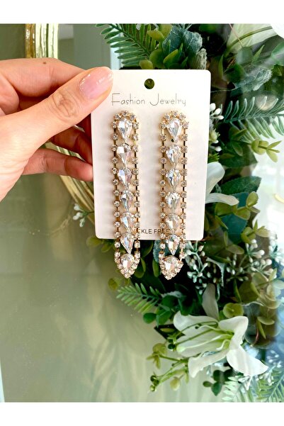 Lilyum Aksesuar Büyük Beyaz Damla Taşlı Uzun Abiye Küpe