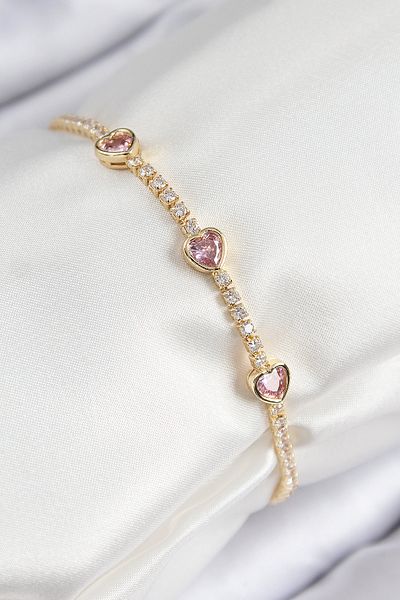 norsary Brass Zircon Stone Pink Heart Model Gold Color Women's Bracelet