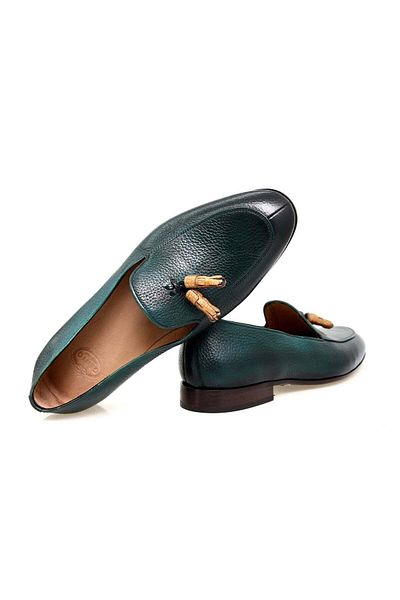 FRANCO CALVANI Green Color Laceless Genuine Leather Men's Shoes