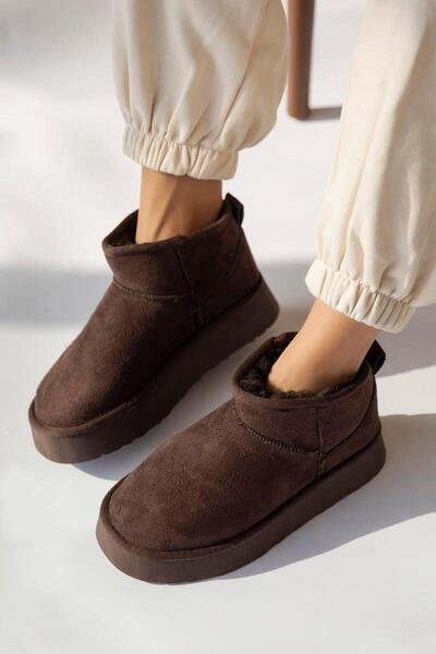 ZARICH Oslo Mini Taba Süet Yarım Bot Içi Tüylü Kalın Taban Kadın Ayakkabı