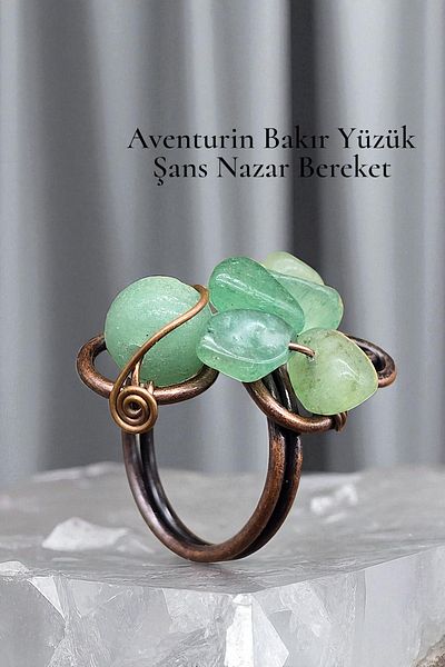 NBS Beautiful Naturel Stones Ring Aventurine Pure Copper Adjustable Hand Craftsmanship (Positivity, Evil Eye, Protection)