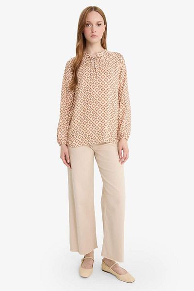 DeFacto New Season Regular Fit Lace-Up Collar Patterned Long Sleeve Blouse