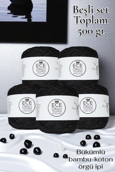 Ece Örgü Tasarım Atölyesi Siyah renkli, bükümlü bambu-koton örgü ipi (500 gr.)