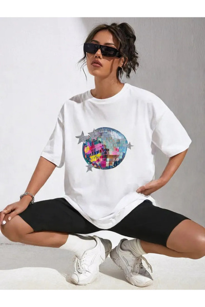 Tubinyoo تي شيرت كبير الحجم للجنسين بنمط كرة الديسكو