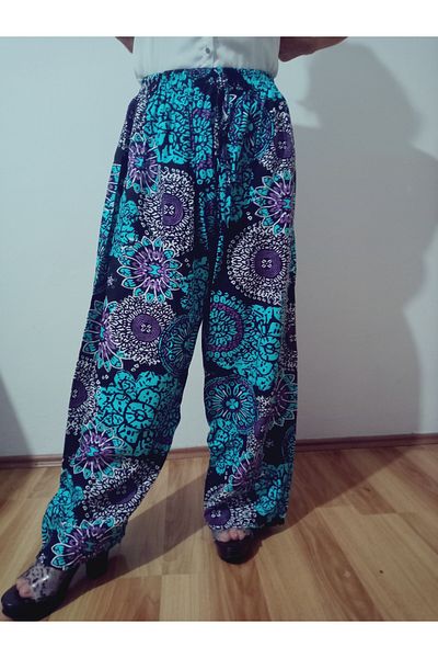 hoaryage Ethnic Patterned 100% Cotton Viscose Pressed Trousers with Elastic Waist38-50Size