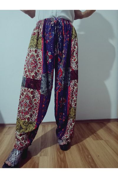 hoaryage Ethnic Patterned 100% Cotton Viscose Pressed Trousers with Elastic Waist38-50Size