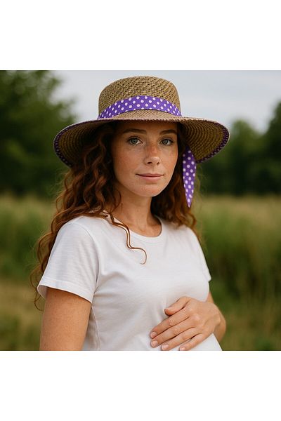 OliwaHome Mathmazel Lady Summer Hat – Purple Polka Dot Ribbon, Wide Brim, Women's Beach and Sun Hat