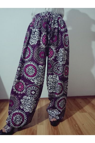 hoaryage Ethnic Patterned 100% Cotton Viscose Pressed Trousers with Elastic Waist38-50Size