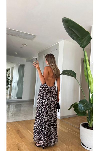 CADDELAMODA Women's Leopard Print Halter Lined Chiffon Dress