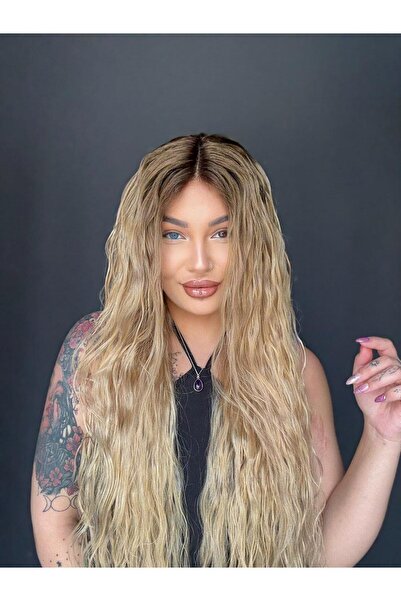 Suzan Peruk Yıkanıp Çıktığında Doğal dalgası olan Ombreli Sarı Hayalet Tül Peruk-Tepe kısmı Heryöne ayrım olur