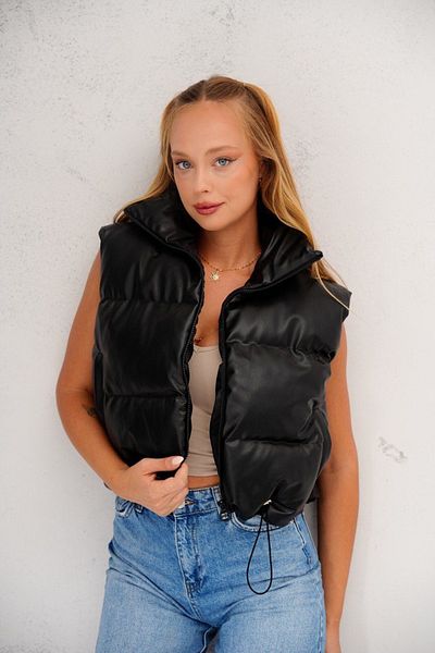 İLKCET MODA Inflatable Women's Leather Short Vest with Elastic Waist
