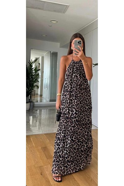CADDELAMODA Women's Leopard Print Halter Lined Chiffon Dress