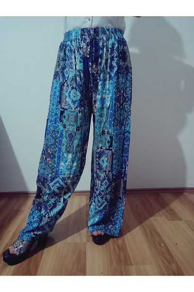 hoaryage Ethnic Patterned 100% Cotton Viscose Pressed Trousers with Elastic Waist38-50Size