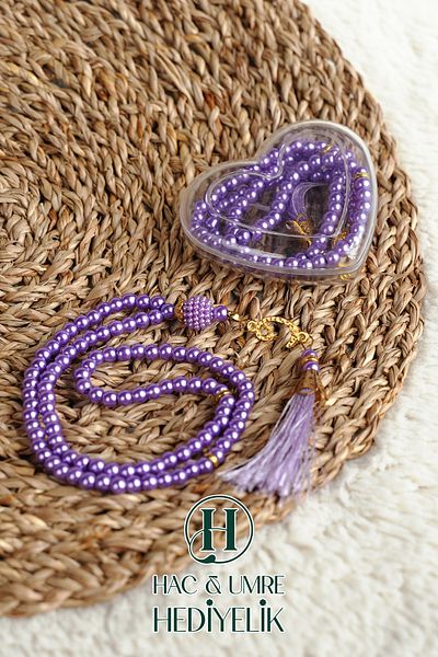 Hac Umre Hediyelik Gift Prayer Beads |   99 Pearl Prayer Beads Vav Imameli Tassel Heart Boxed |   Hajj Umrah Day Invitation Gift