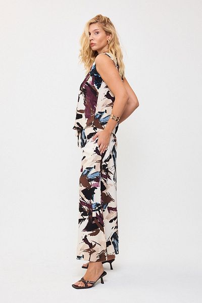 bacc Plum Pattern Sleeveless Blouse and Wide Leg Pants Woven Bottom Top Set Bcvl-25V201