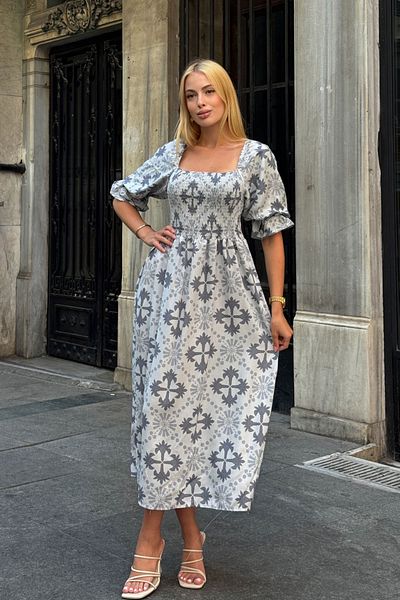 bacc Gray Square Collar Waist Floral Pattern Woven Summer Dress Bcvl-25V095-1