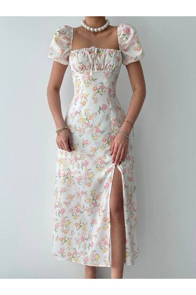 Butik Women's Floral Patterned Watermelon Sleeve 95% Cotton Midi Slit White D...