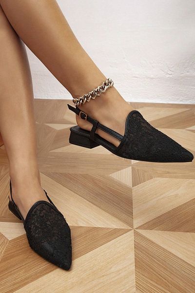 TrendyAnka Women's Black Mesh Embroidery 2cm Heels Pointed Toe Low Heel Very Comfortable Evening Dress Daily Ballerina Shoes