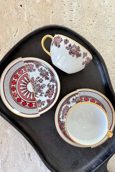 porselenden Apollo 2-Person 4-Piece Porcelain Teacup Set 200 Cc Gold Red Flower Pattern Special Design