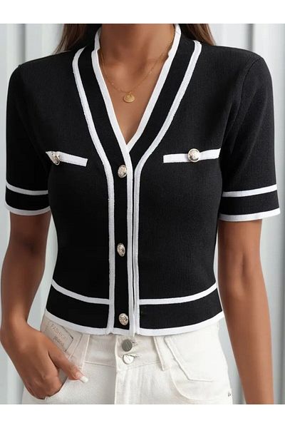 TUA MODA Tua Moda Women's Short Sleeve Front Button Knitwear Blouse