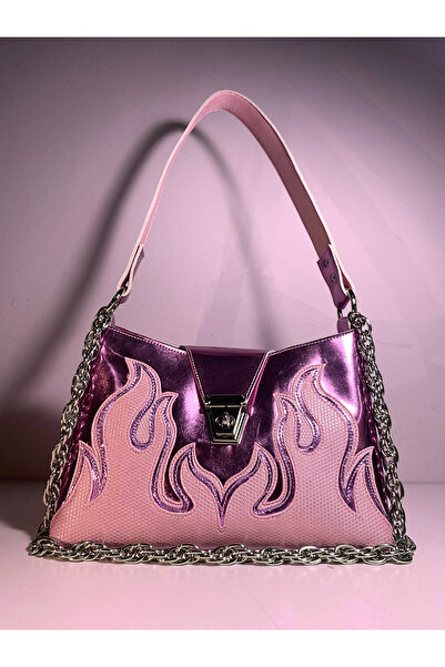 Bleebe Prenses Pembe Alev Detaylı Zincirli El Yapımı El Çantası-Bleebe Candy