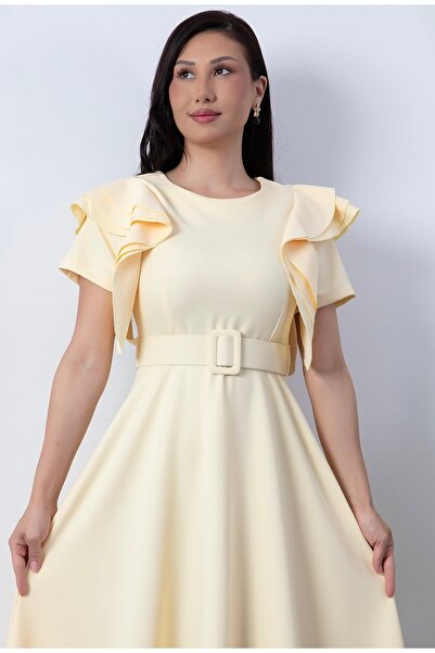Afiş Butik Sarı Kemerli Kolları Fırfırlı Midi Elbise