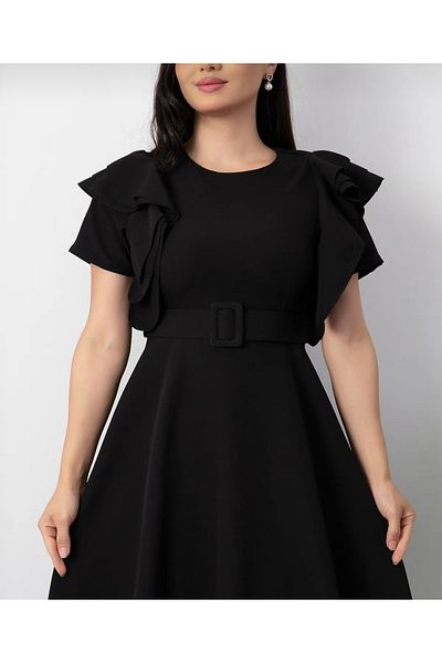 Afiş Butik Black Belted Ruffled Sleeves Midi Dress