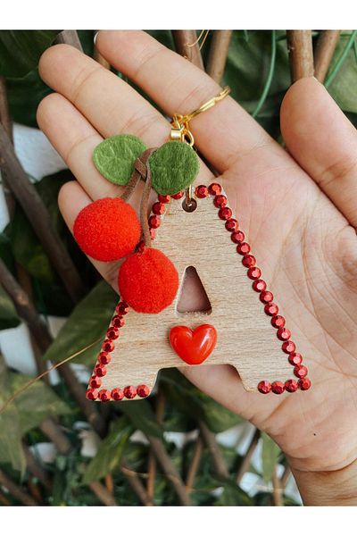 GOER STORE Wooden Letter Red Detailed Keychain-Bag Charm