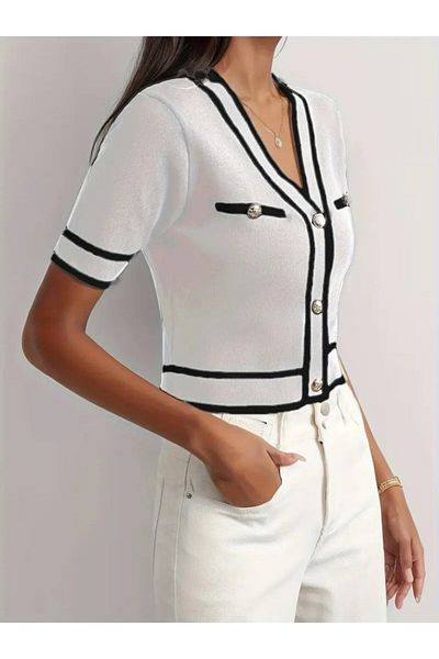 TUA MODA Tua Moda Women's Short Sleeve Front Button Knitwear Blouse