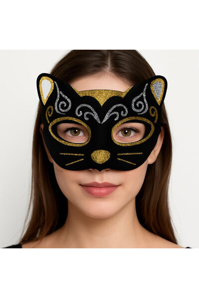 Skygo Velvet Textured Glitter Detailed Sparkling Cat Mask Gold Silver 20X13 cm