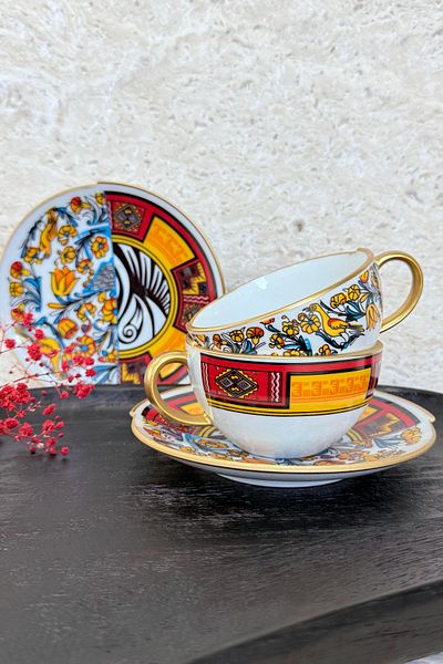 porselenden Canga 2 Person 4 Piece Porcelain Teacup Set 200 Cc Gold Red Bird Pattern Special Design