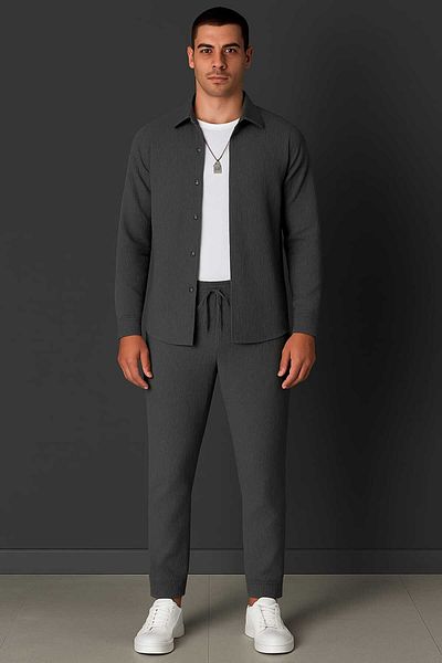 DWN WEAR Bürümcük Crinkle Fabric Summer Lycra Unisex Women's Men's Long Sleeve Shirt Tracksuit Set