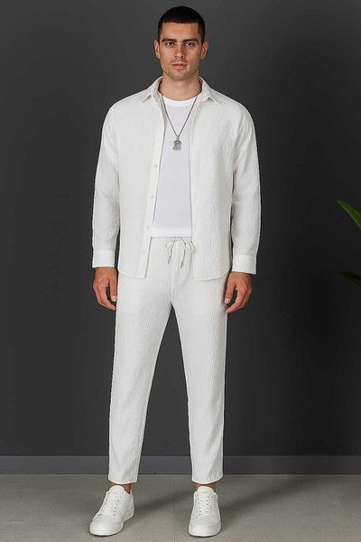 DWN WEAR Bürümcük Crinkle Fabric Summer Lycra Unisex Women's Men's Long Sleeve Shirt Tracksuit Set
