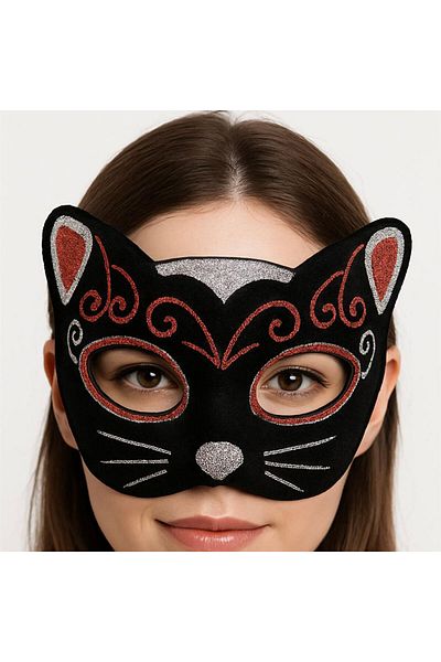 Skygo Velvet Textured Glitter Detailed Sparkly Cat Mask Red Silver 20X13 cm