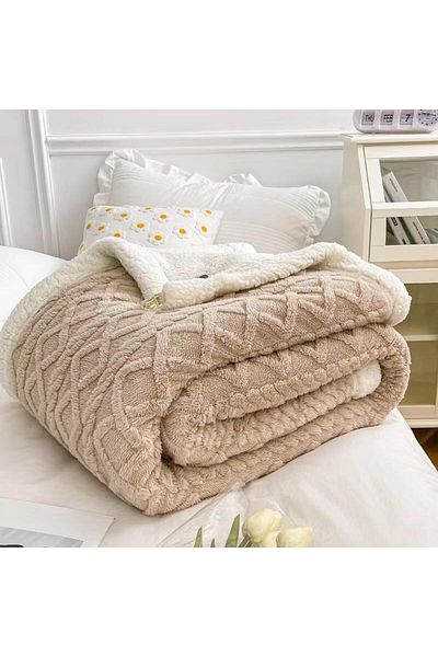 OEM Cocolino Thick Blanket, With Fur, 200x230cm, Knitted Type, Dark Beige