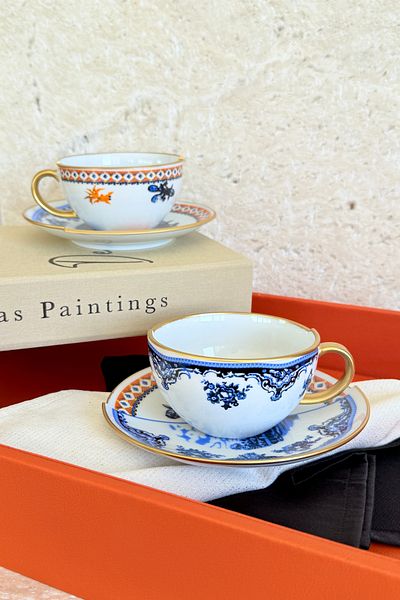 porselenden Gold Fish 2 Person 4 Piece Porcelain Teacup Set 200 Cc Gold Blue Orange Fish Patterned